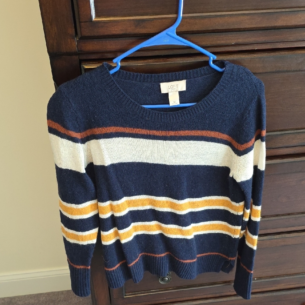 LOFT Women's Sweater - Navy, White, Mustard Stripes